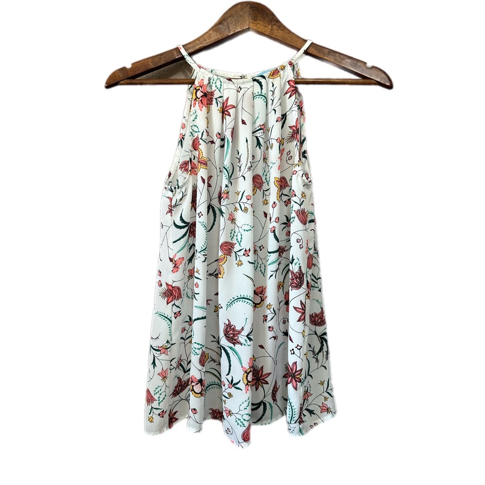 CeCe Floral Halter‎ Neck Blouse Womens XS White Sleeveless Pleated Top Excellent